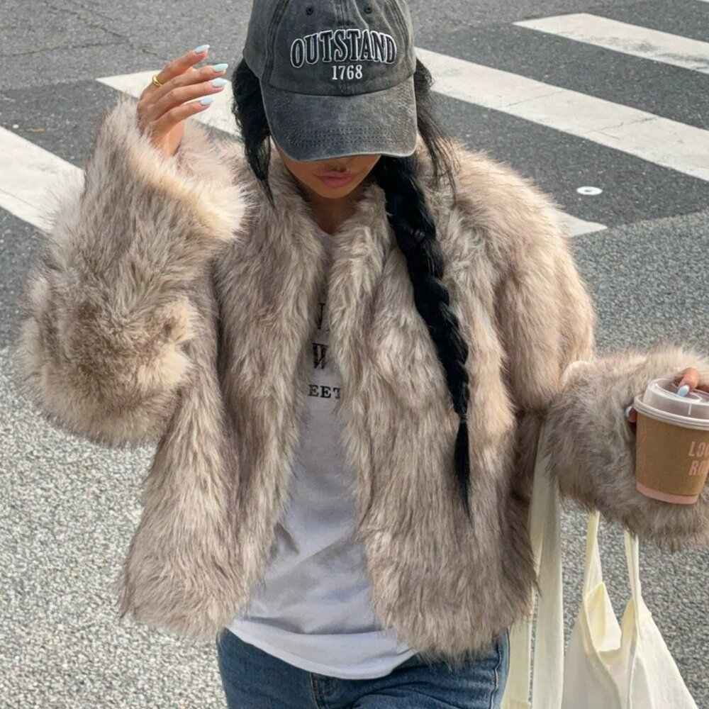 Khaki Casual Women's Long Sleeve Fluffy Jacket - Picture 5 of 7